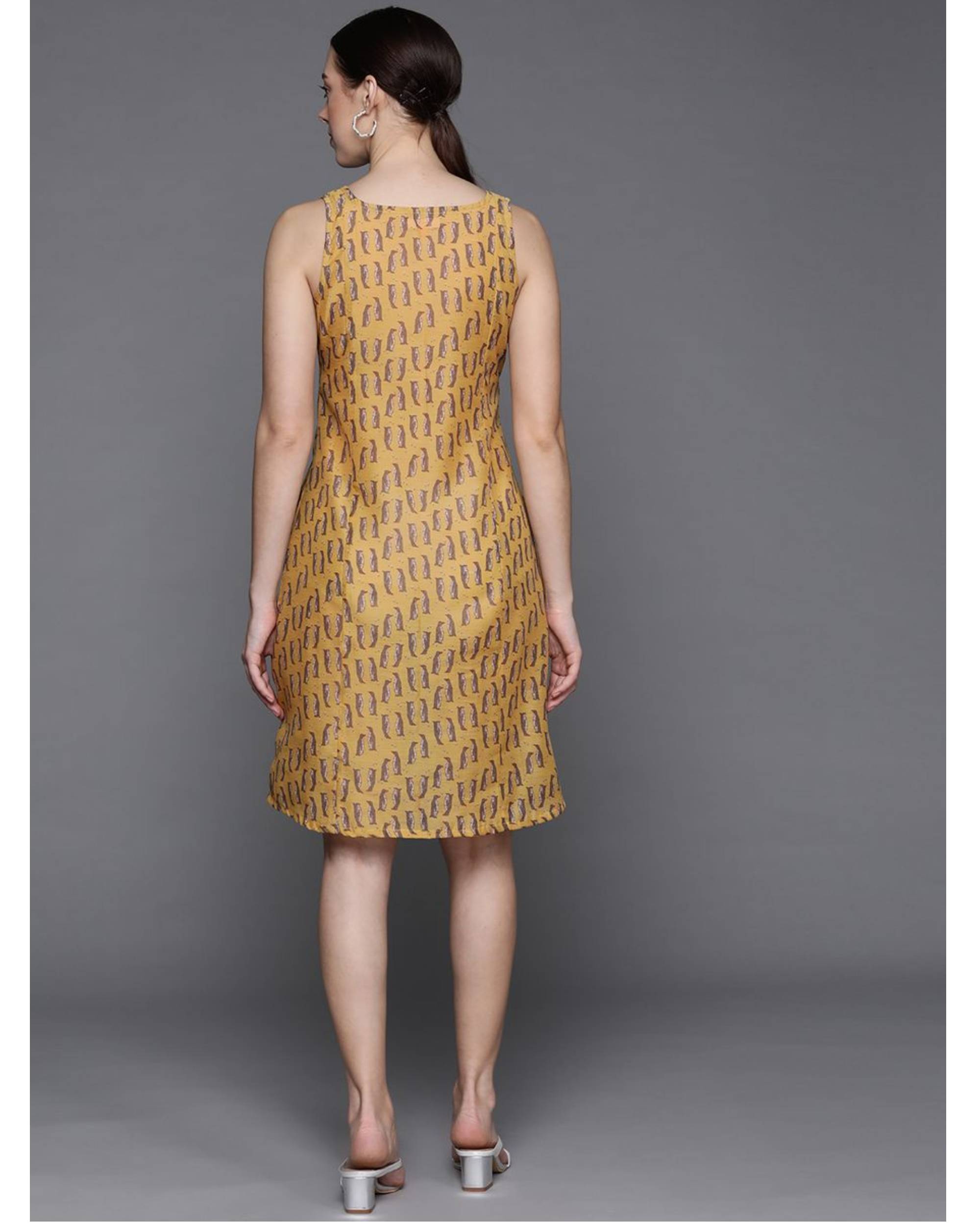 Yellow and grey penguin printed dress by Pinksky