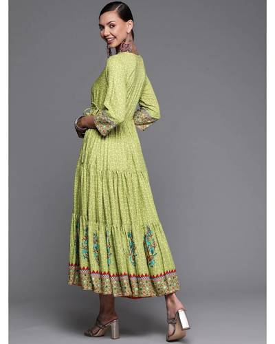Green geometric printed sleeveless dress by Pinksky