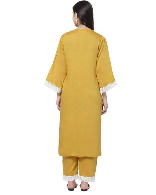Mustard yellow lace detailed kurta 1