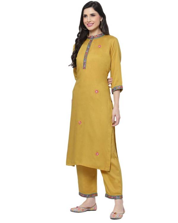 Mustard yellow floral embroidered kurta 1