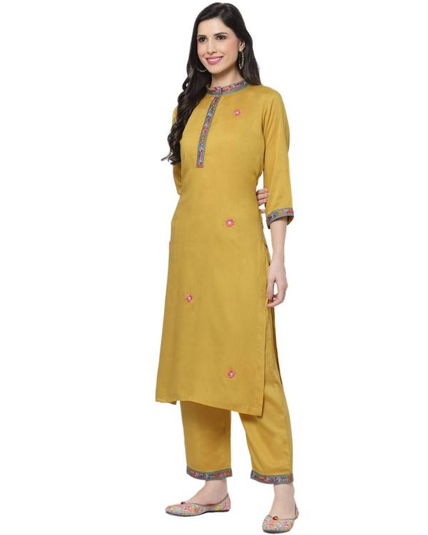 Mustard yellow floral embroidered kurta 2
