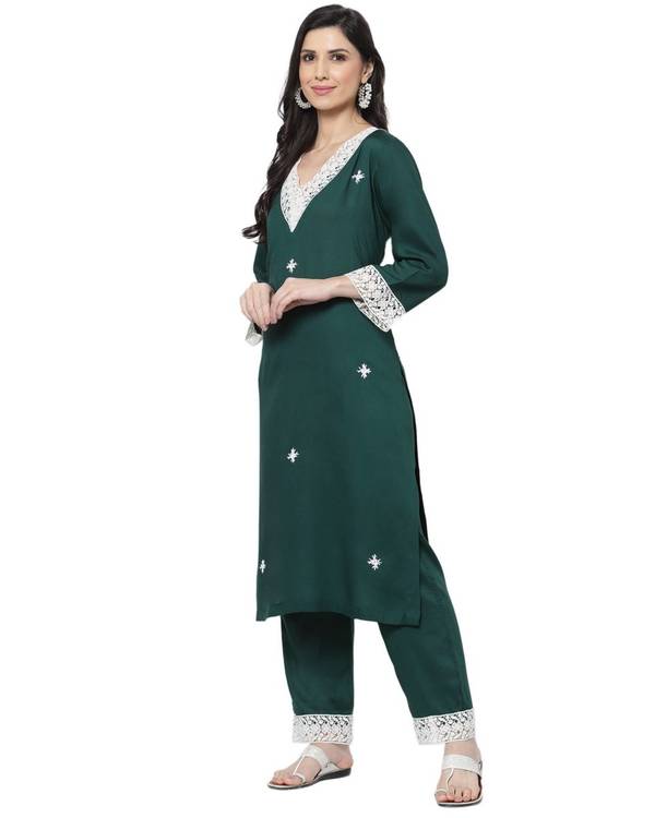 Dark green lace detailed kurta 2
