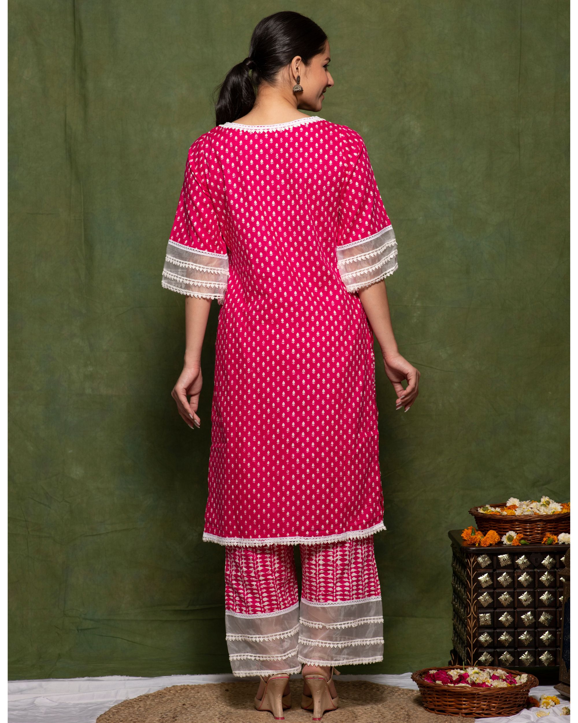 Hot pink cotton printed pants with organza panels by Jalpa Shah