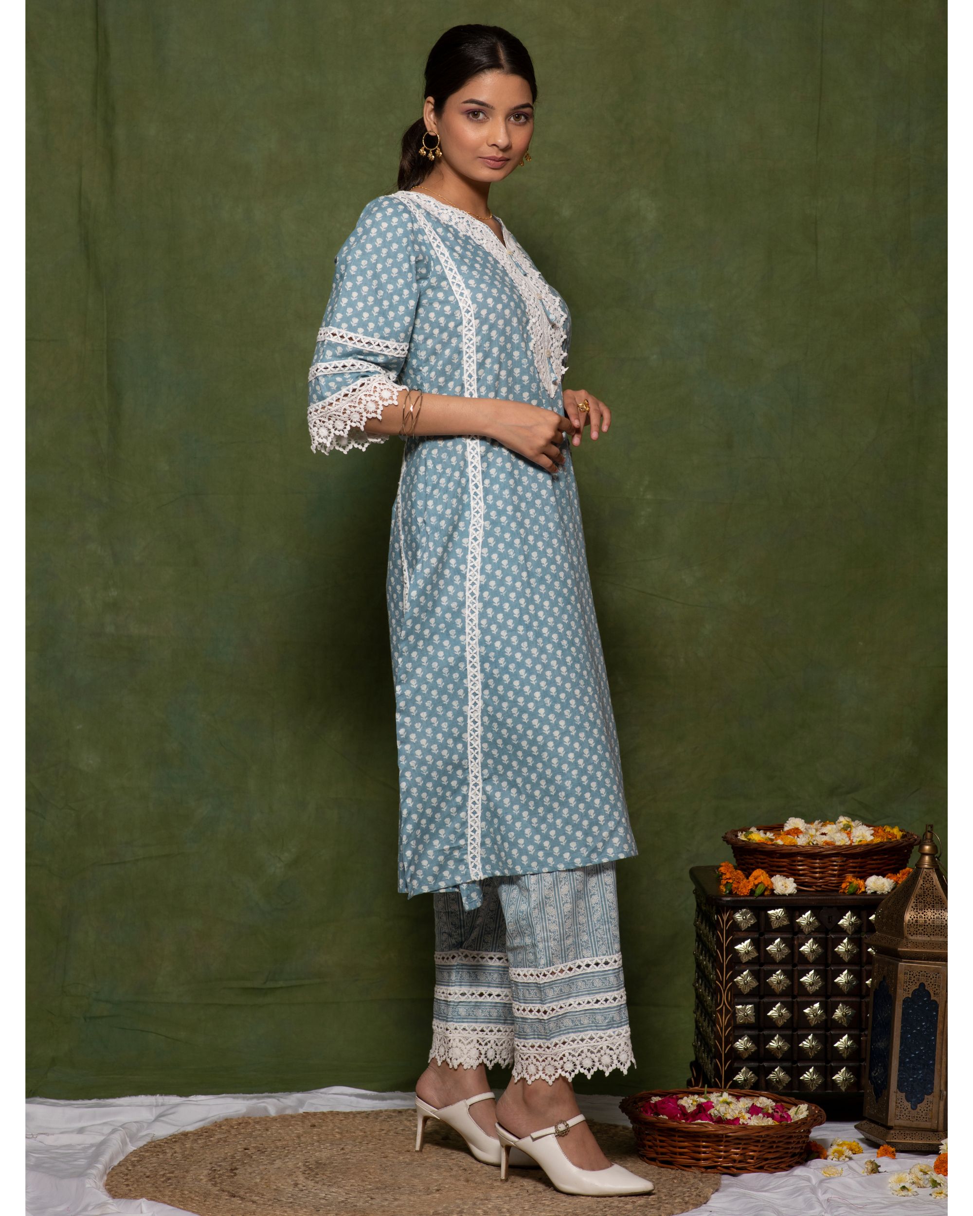 Aqua blue printed cotton a-line kurta and pants set - set of three by Jalpa  Shah