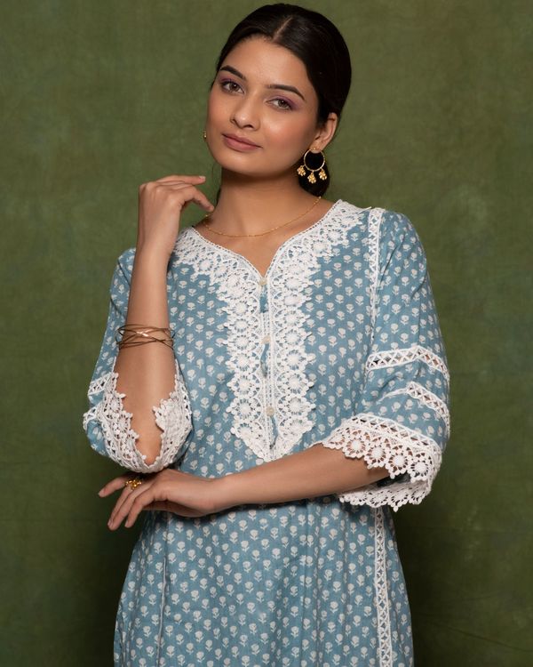 Aqua blue printed cotton a-line kurta 3