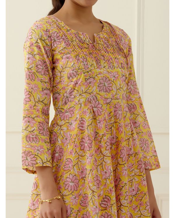 Yellow and pink block printed kurta set - set of three 3