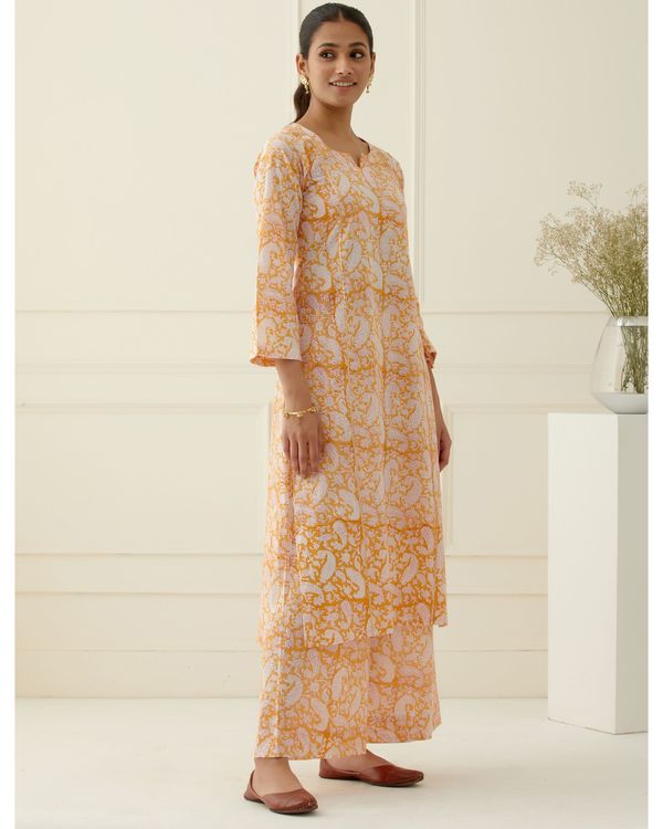 Orange and white block printed kurta set - set of three 2