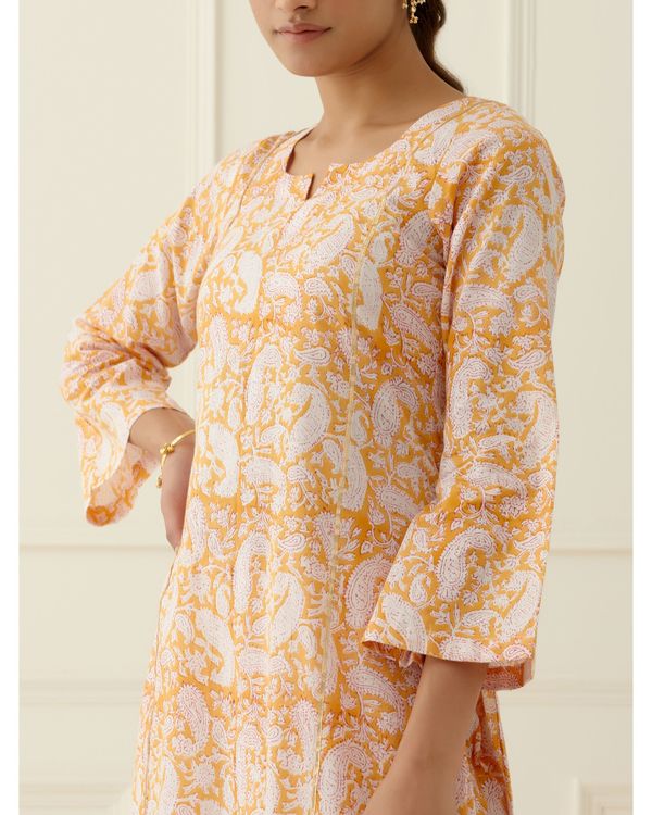 Orange and white block printed kurta set - set of three 3
