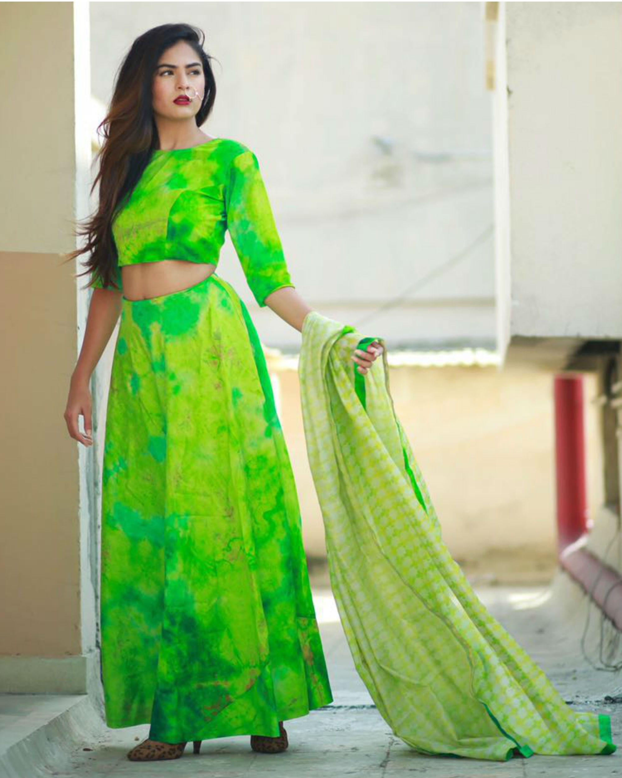 Green ghaghra set with dupatta by Tie & Dye Tale | The Secret Label