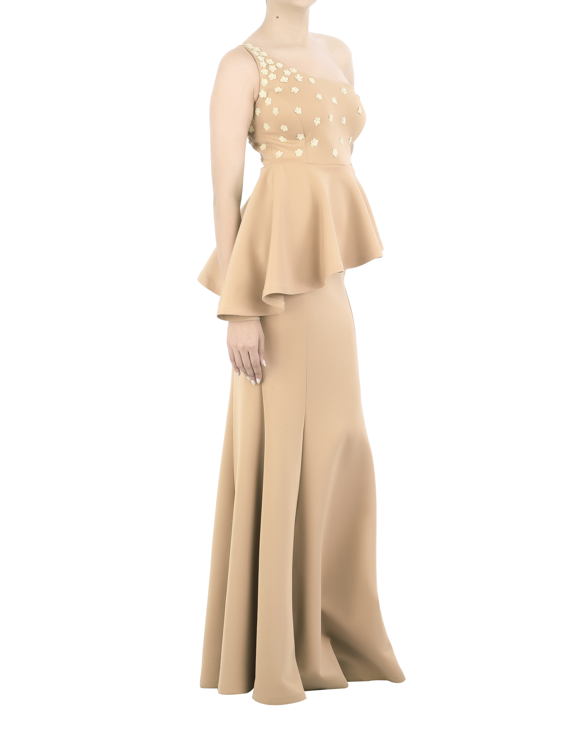 Neoprene off-shoulder gown with floral applique bodice by 