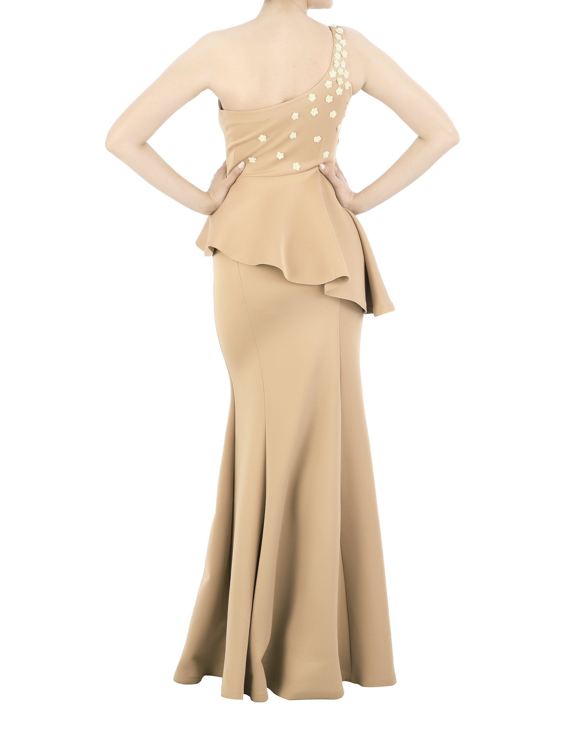 Neoprene offshoulder gown with floral applique bodice by Archana Rao