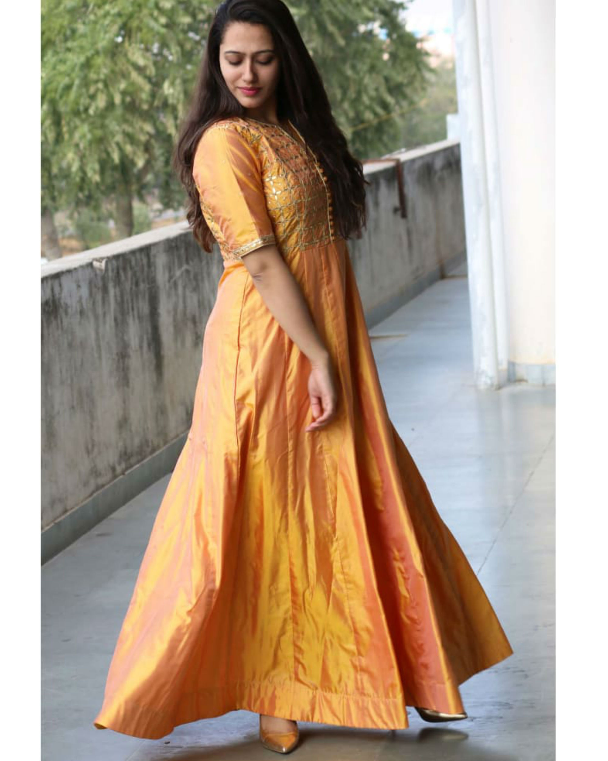 Yellow Colored Partywear Embroidered Silk Gown