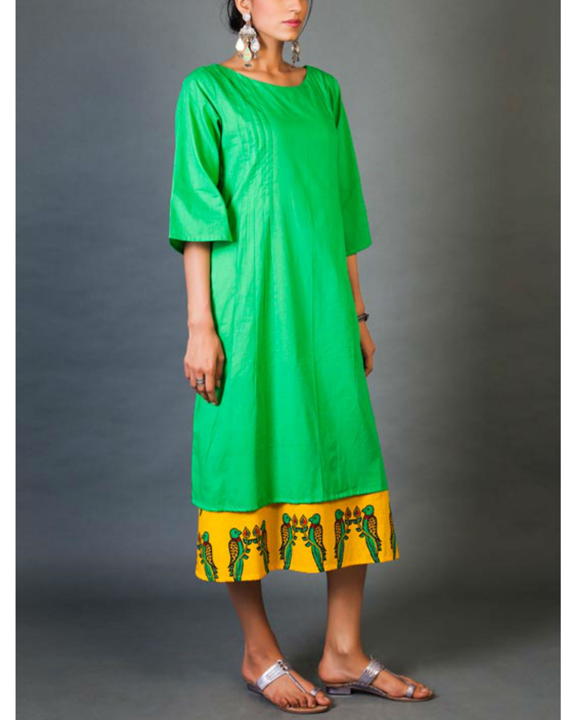 Green and yellow faux layered dress by Udd The Secret Label