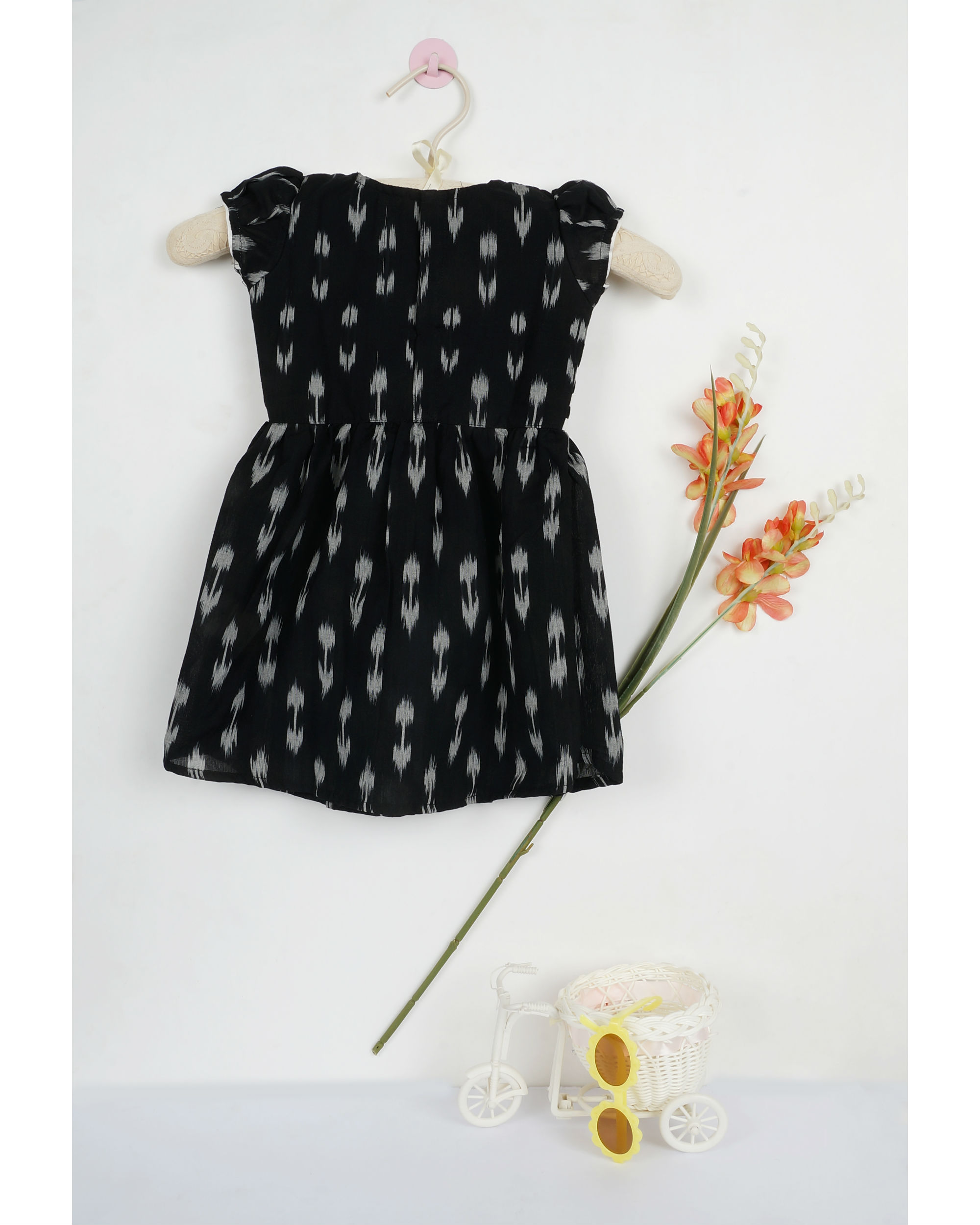 Black ikat flat collar dress by Desi Doree | The Secret Label