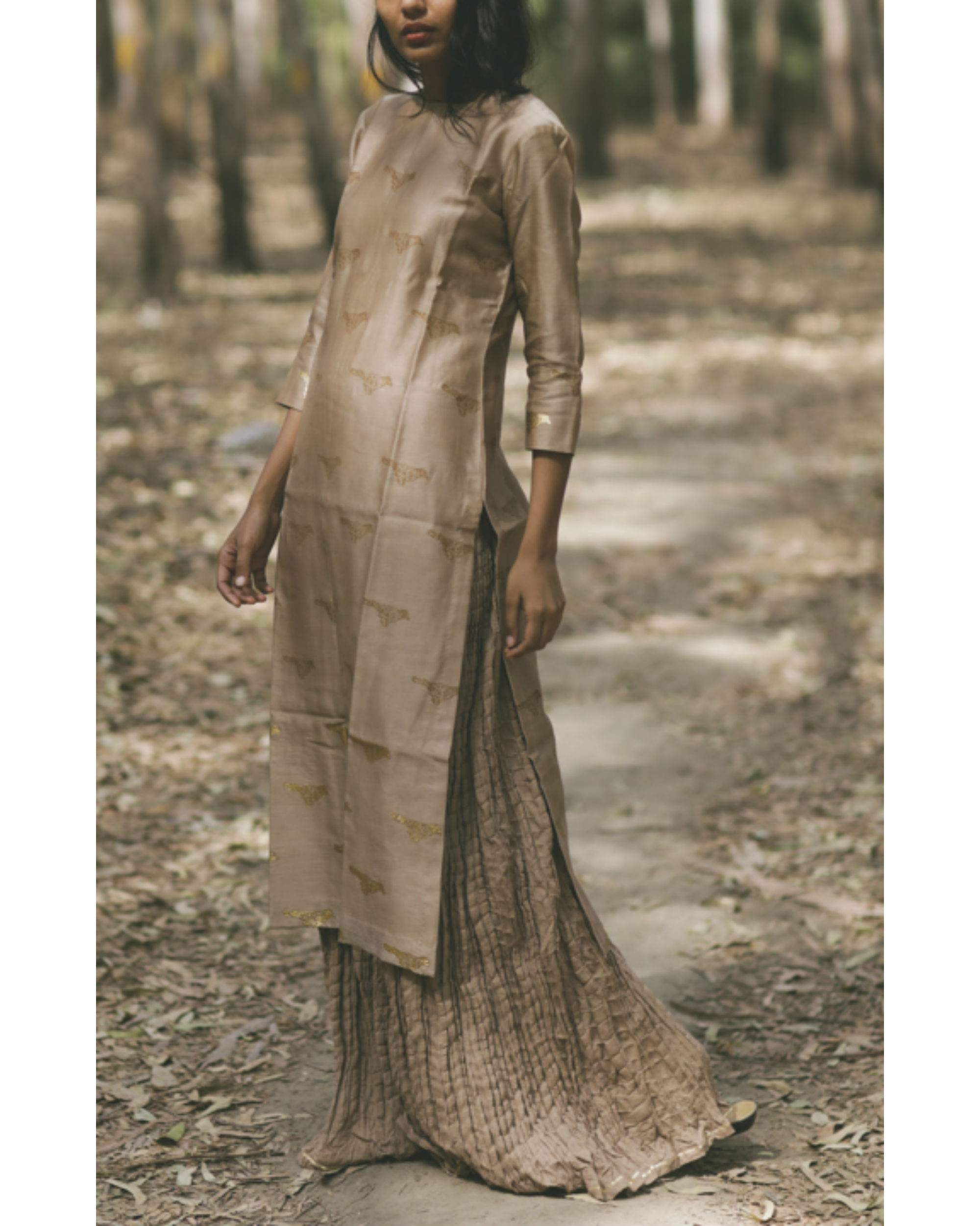 Ecru Bird Printed Swing Skirt Set by Purple Panchi The Secret Label