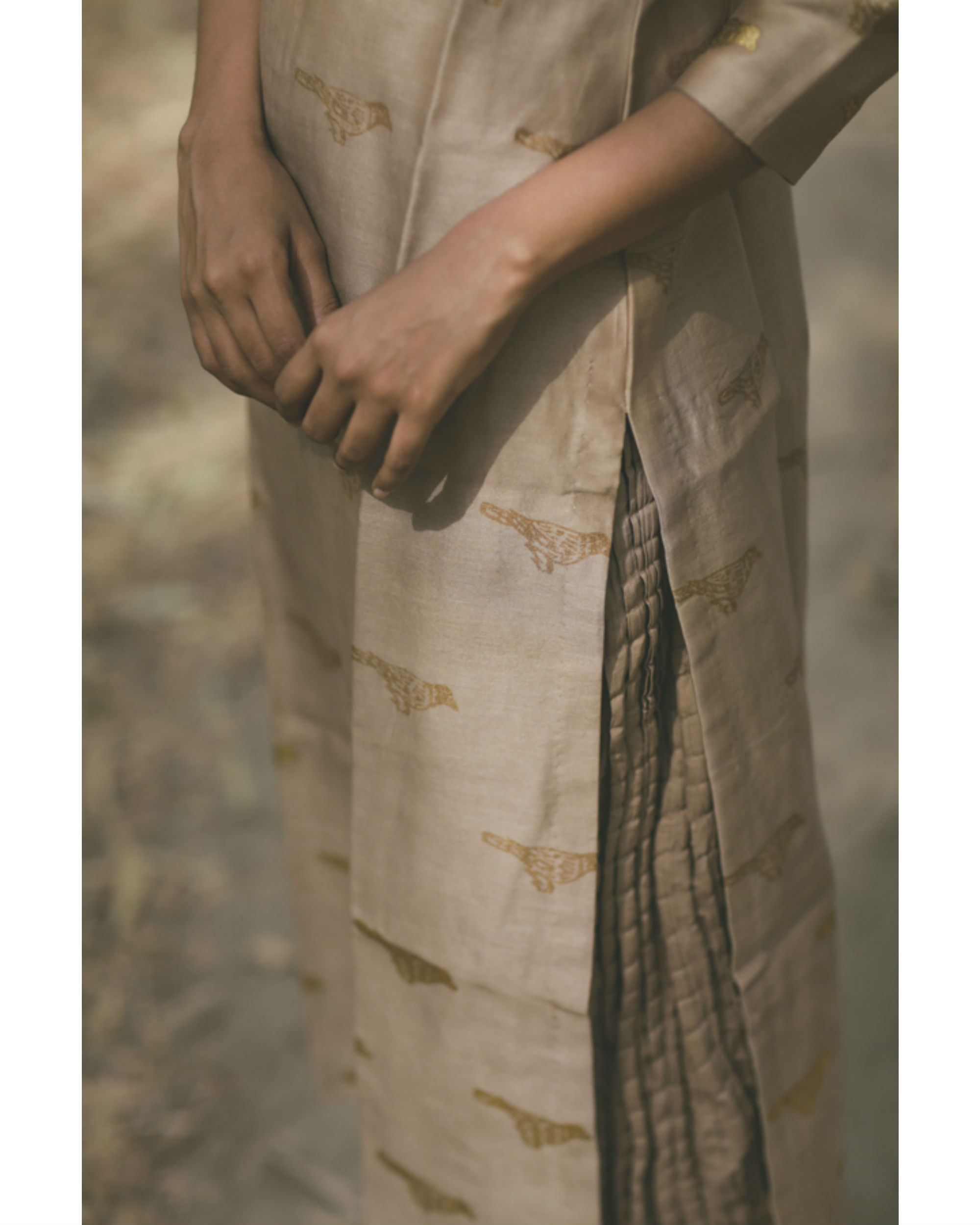 Ecru Bird Printed Swing Skirt Set by Purple Panchi The Secret Label