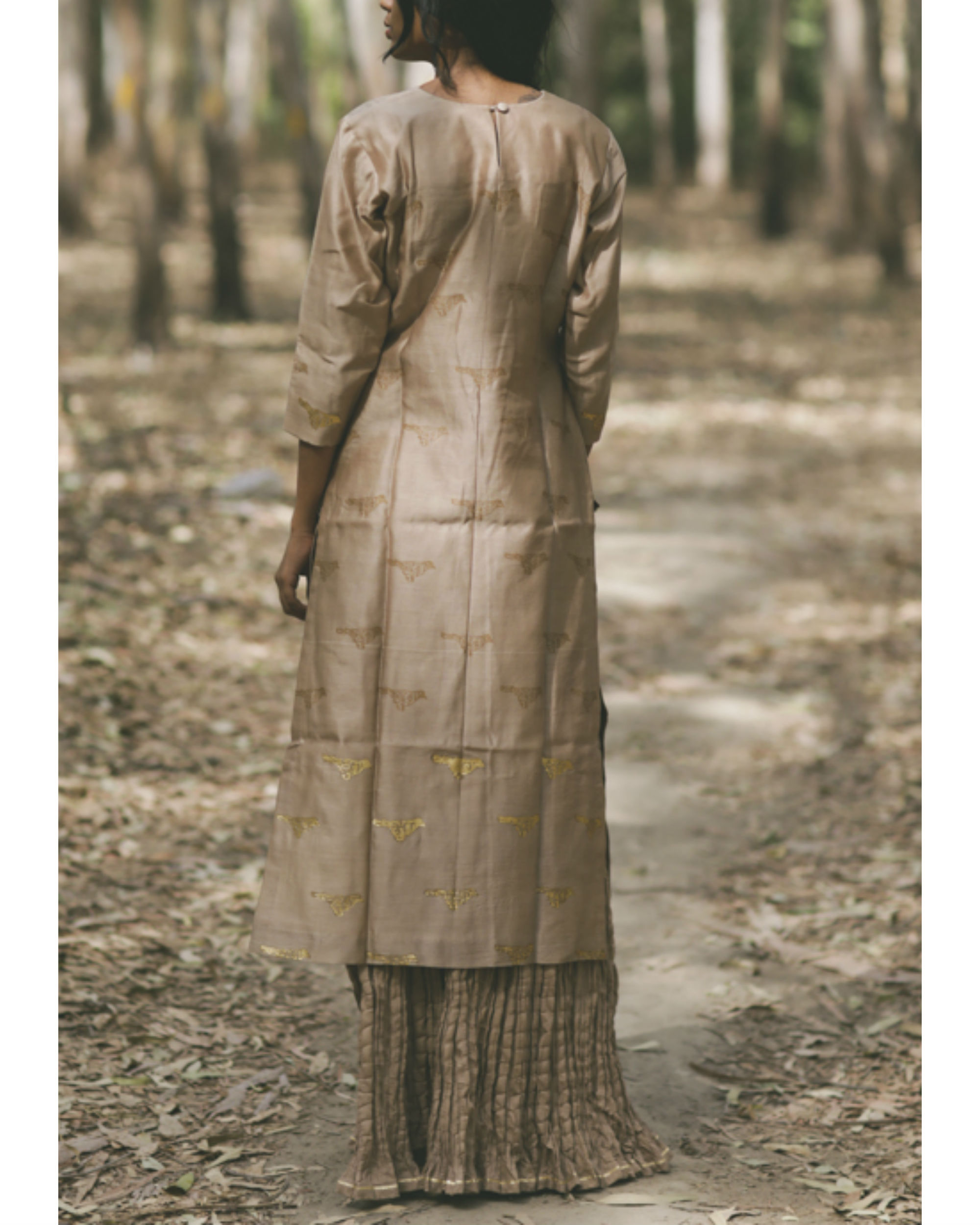 Ecru Bird Printed Swing Skirt Set by Purple Panchi The Secret Label