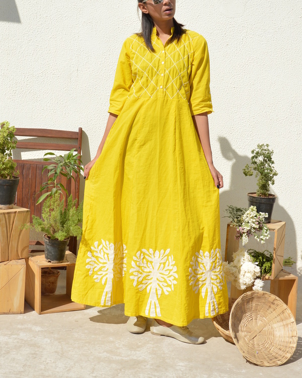 Yellow applique and tucks dress by Silai | The Secret Label