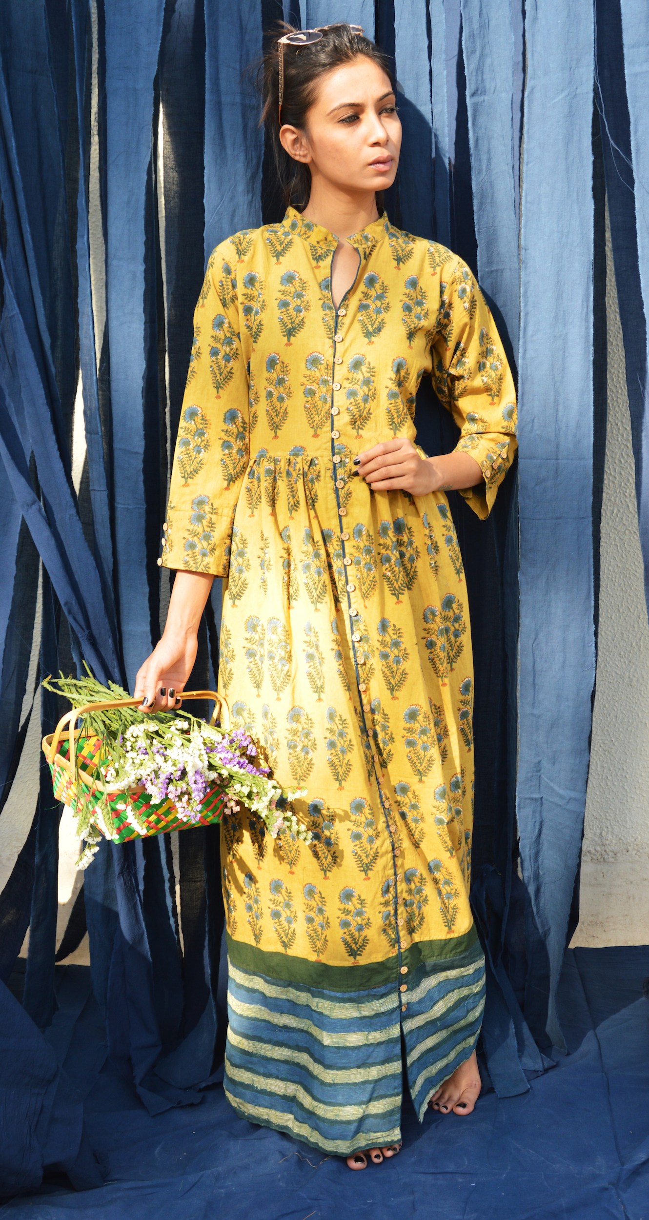 Mustard sapphire green floral printed tunic by Silai | The Secret Label