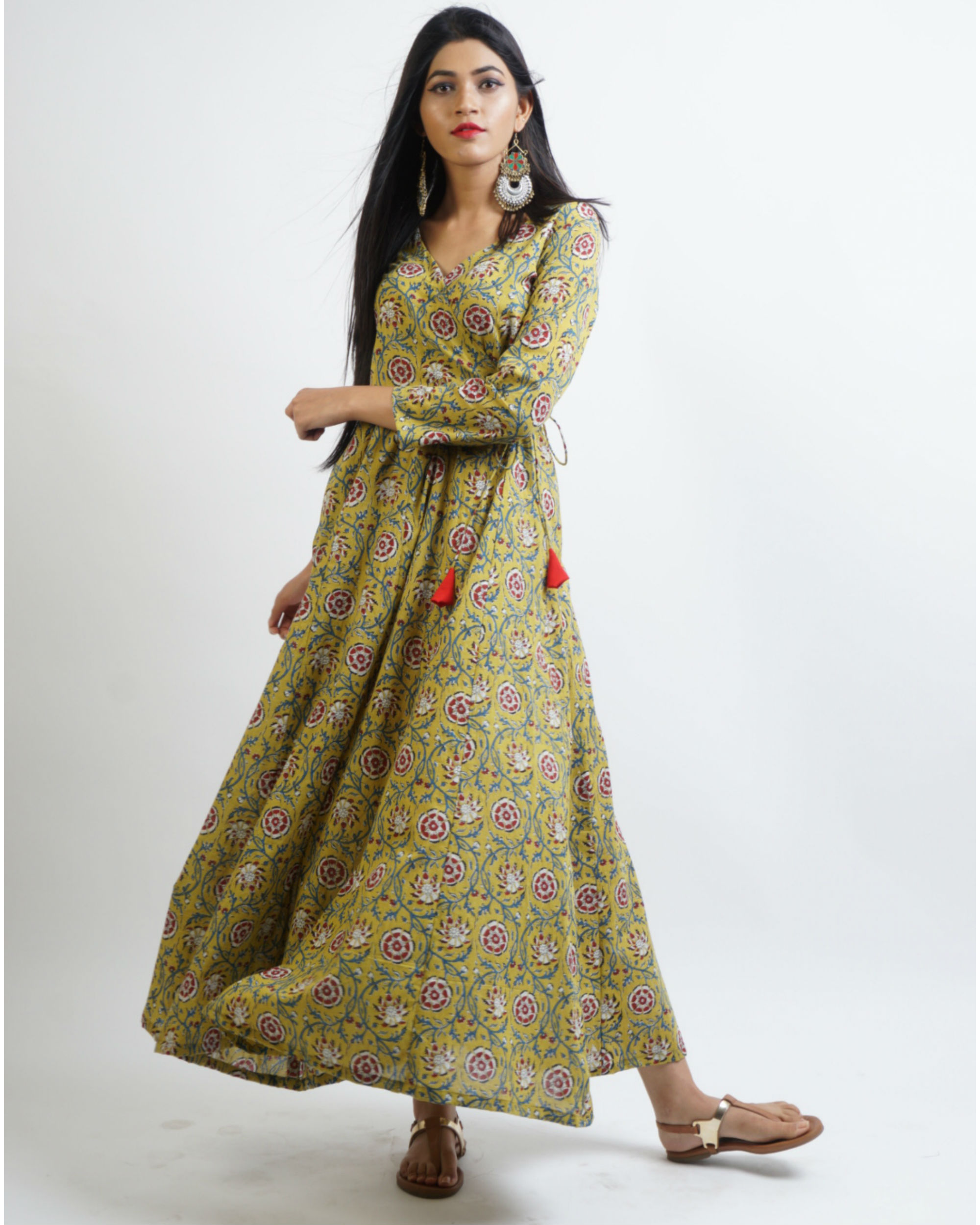 Mustard angrakha kalamkari kalidar by Rivaaj | The Secret Label