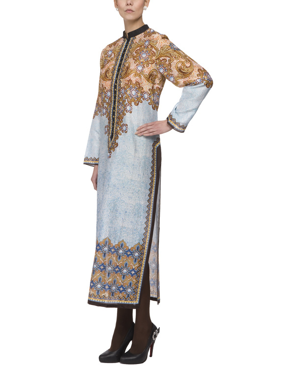 Blue chanderi long kurti with buttons in front by Rajdeep Ranawat | The ...