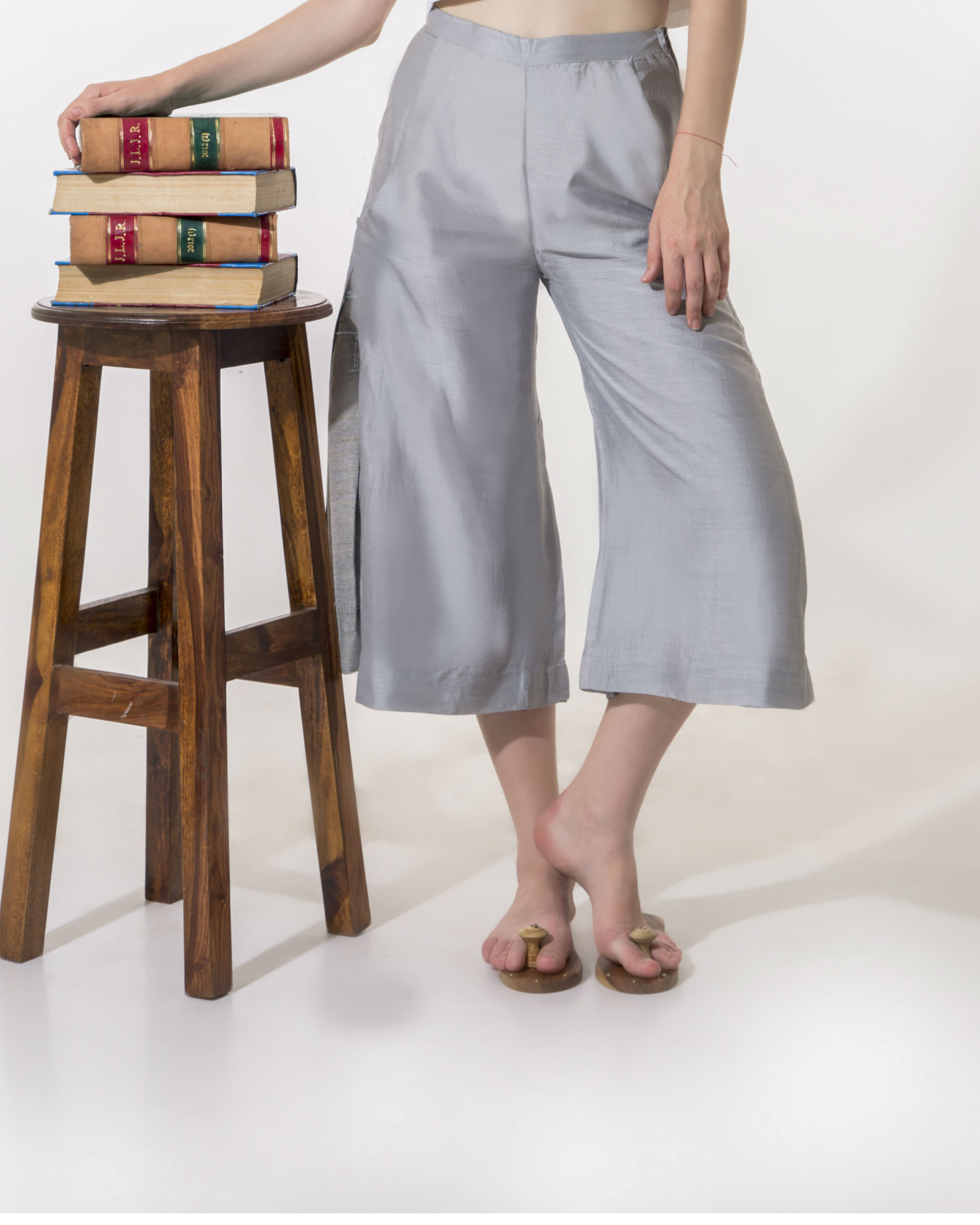 grey flared pants outfit