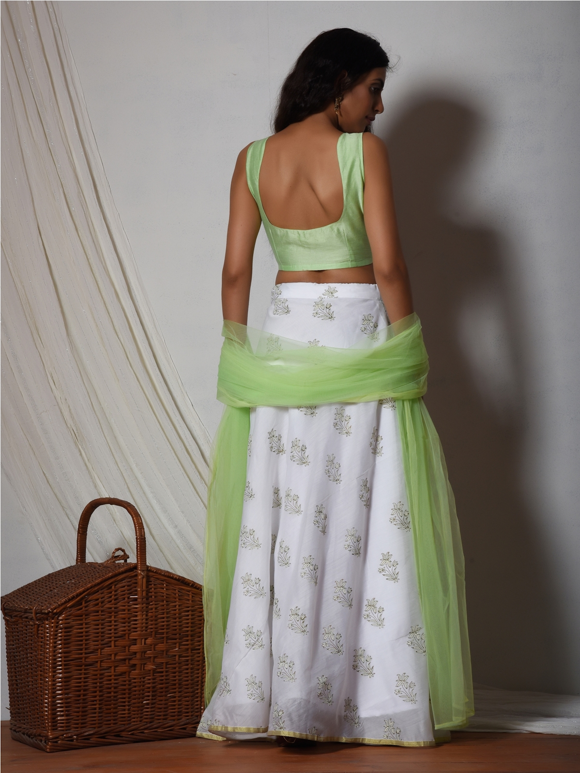 Floral print mint green chanderi lehenga set with net bordered dupatta