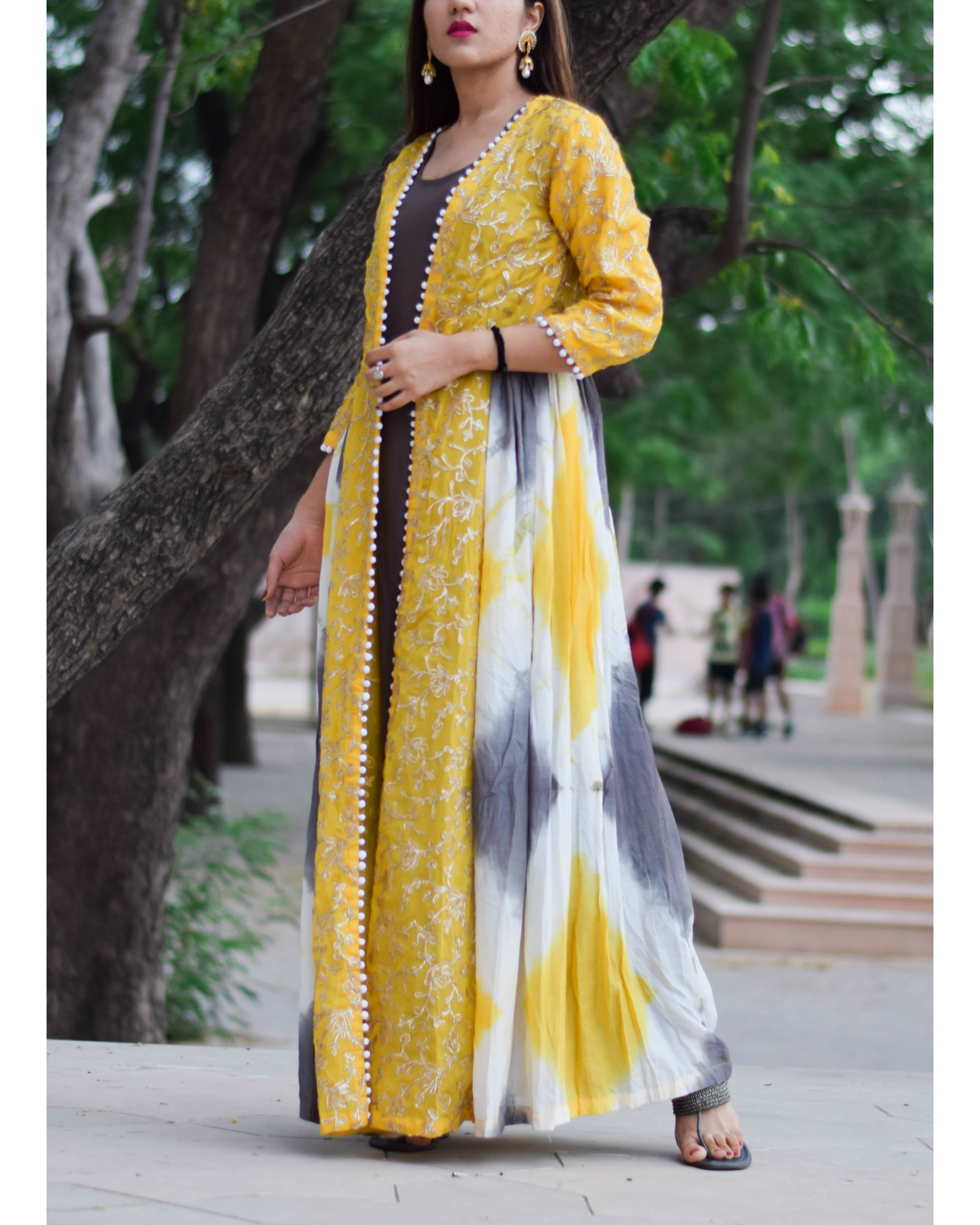 Yellow gota work cape with charcoal inner by Siddhi Creation | The ...