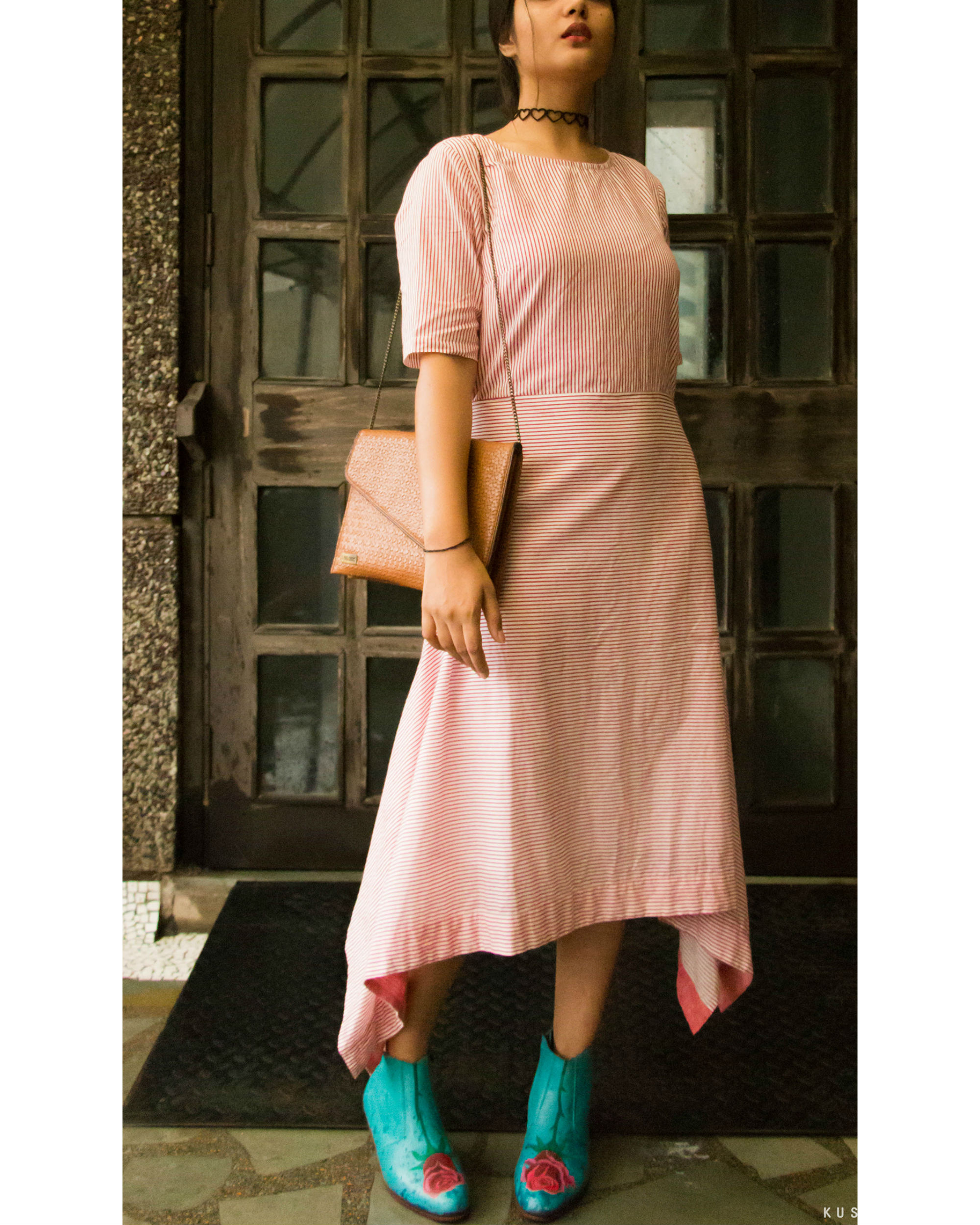 Pink stripes asymmetrical hemline dress by Gulaal The Secret Label