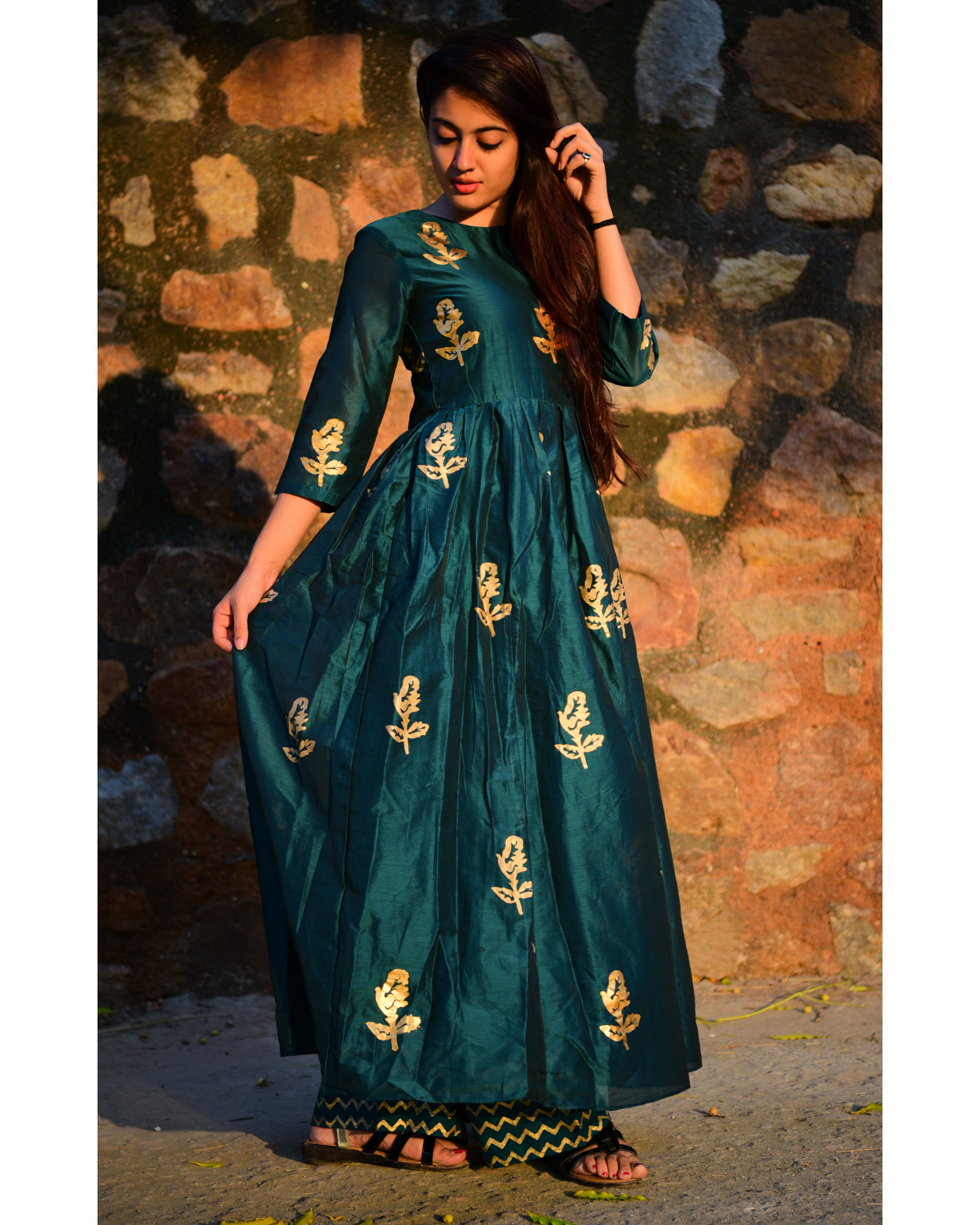Bottle green foil print kurta palazzo set by The Glory The Secret Label