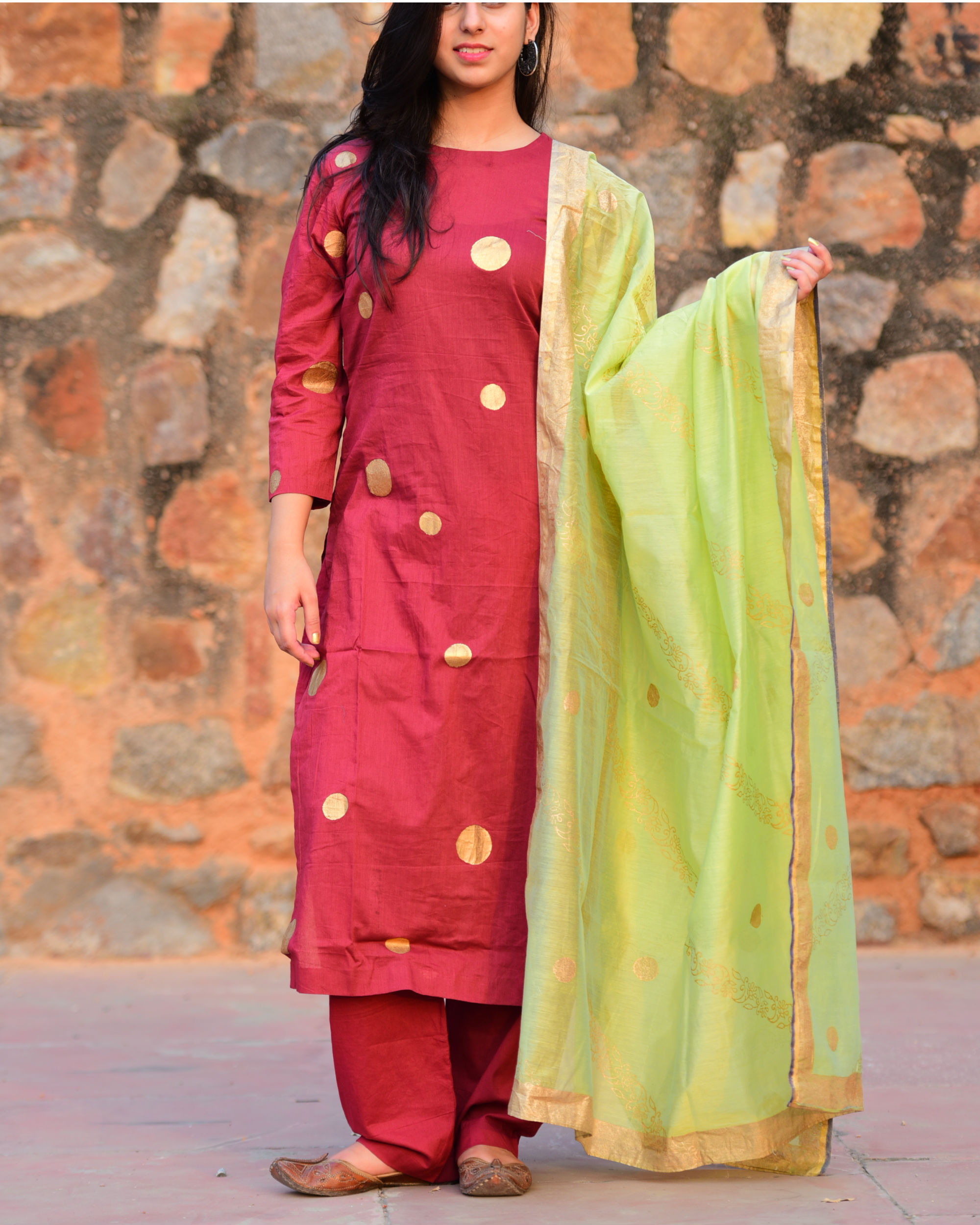 Maroon and lime green salwaar set by The Glory | The Secret Label
