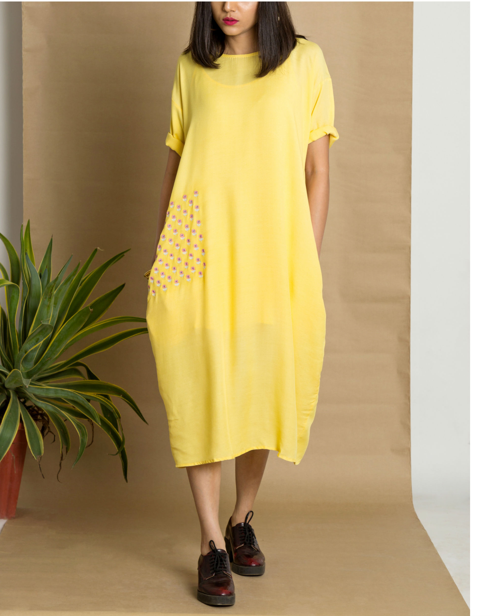 Yellow moss crepe loose fit dress by Ritu Jain Singh The Secret Label
