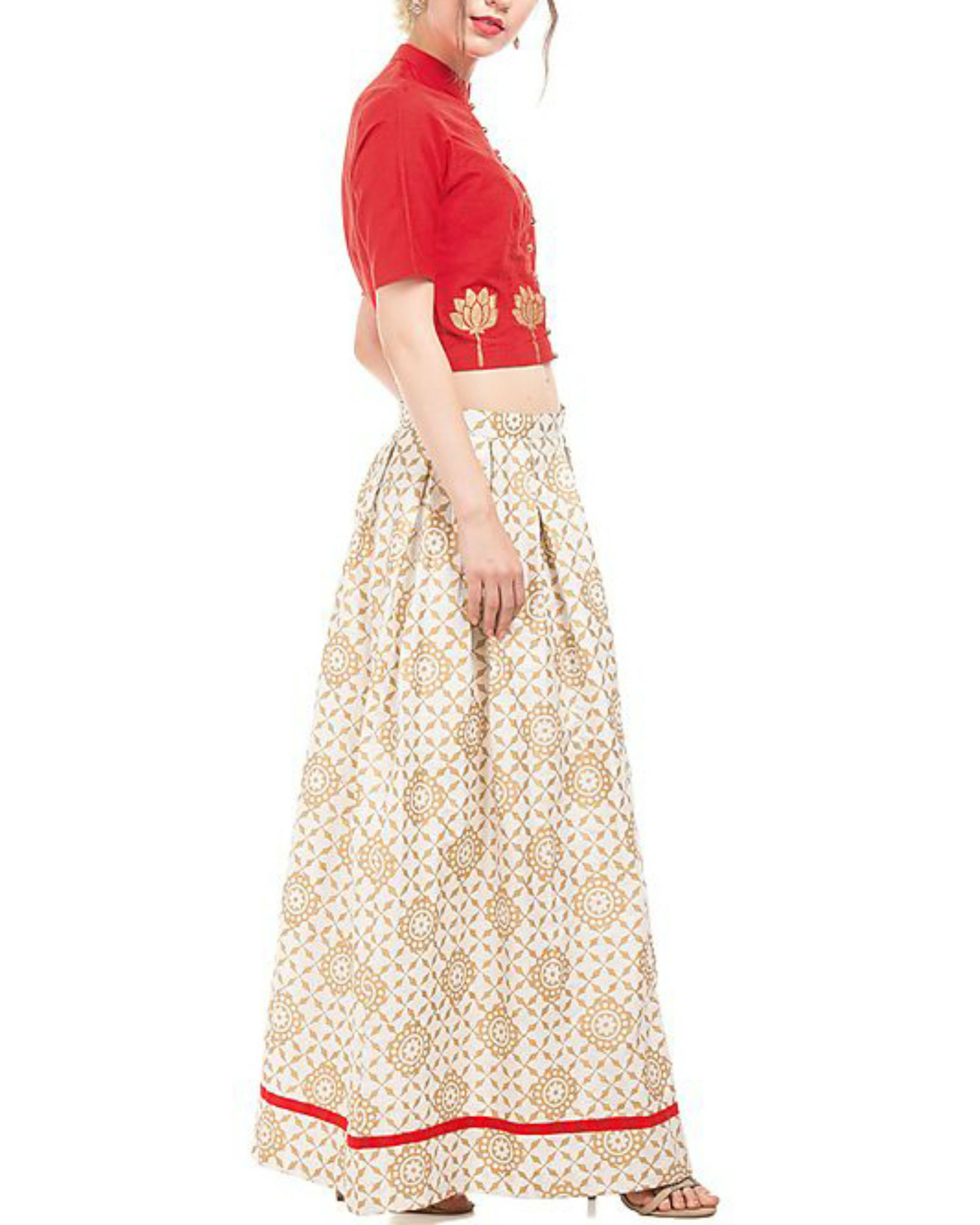 Red and white crop top and skirt with golden block prints by ANS | The ...