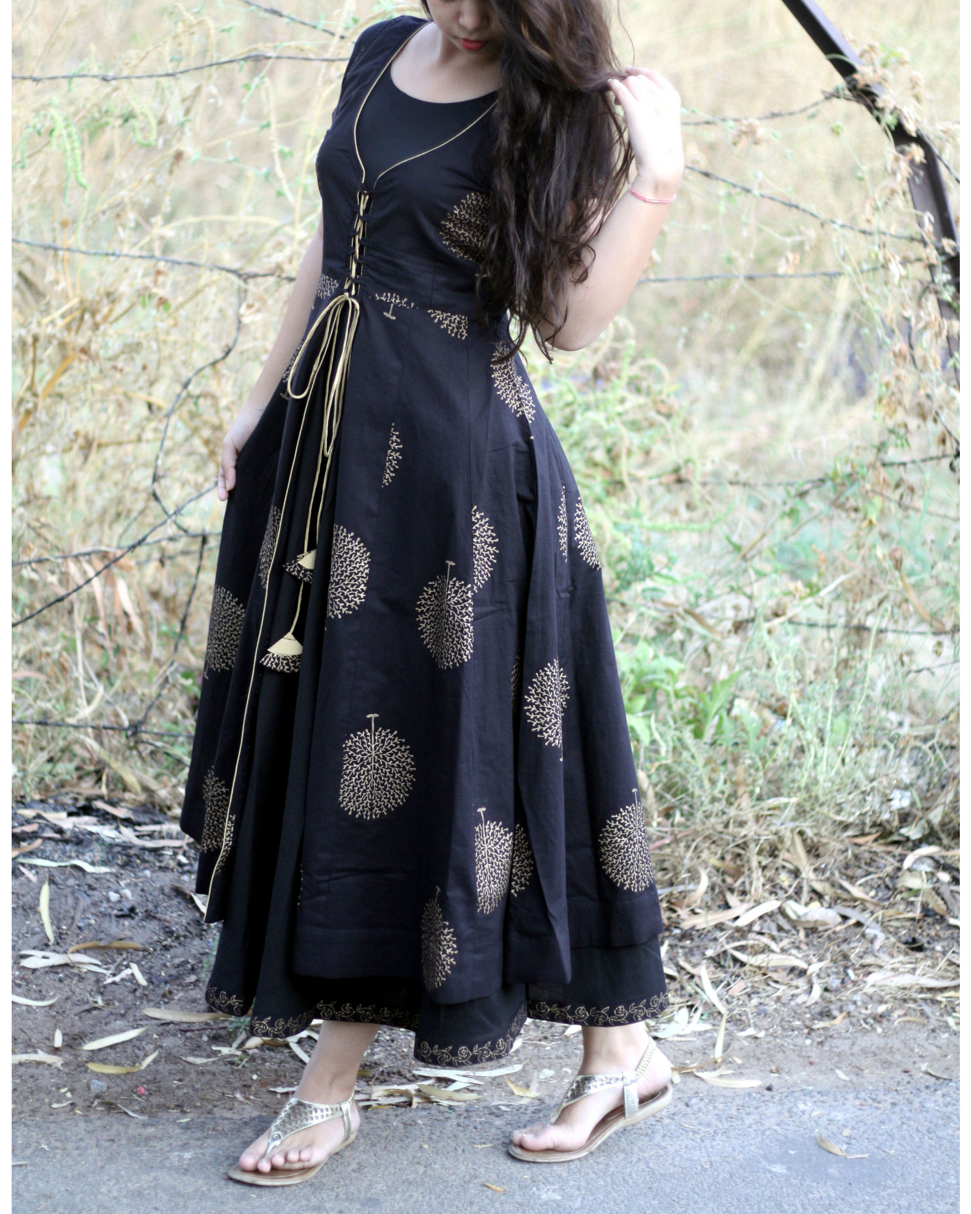 Black and gold tree print jacket dress by Label Shivani Vyas | The ...