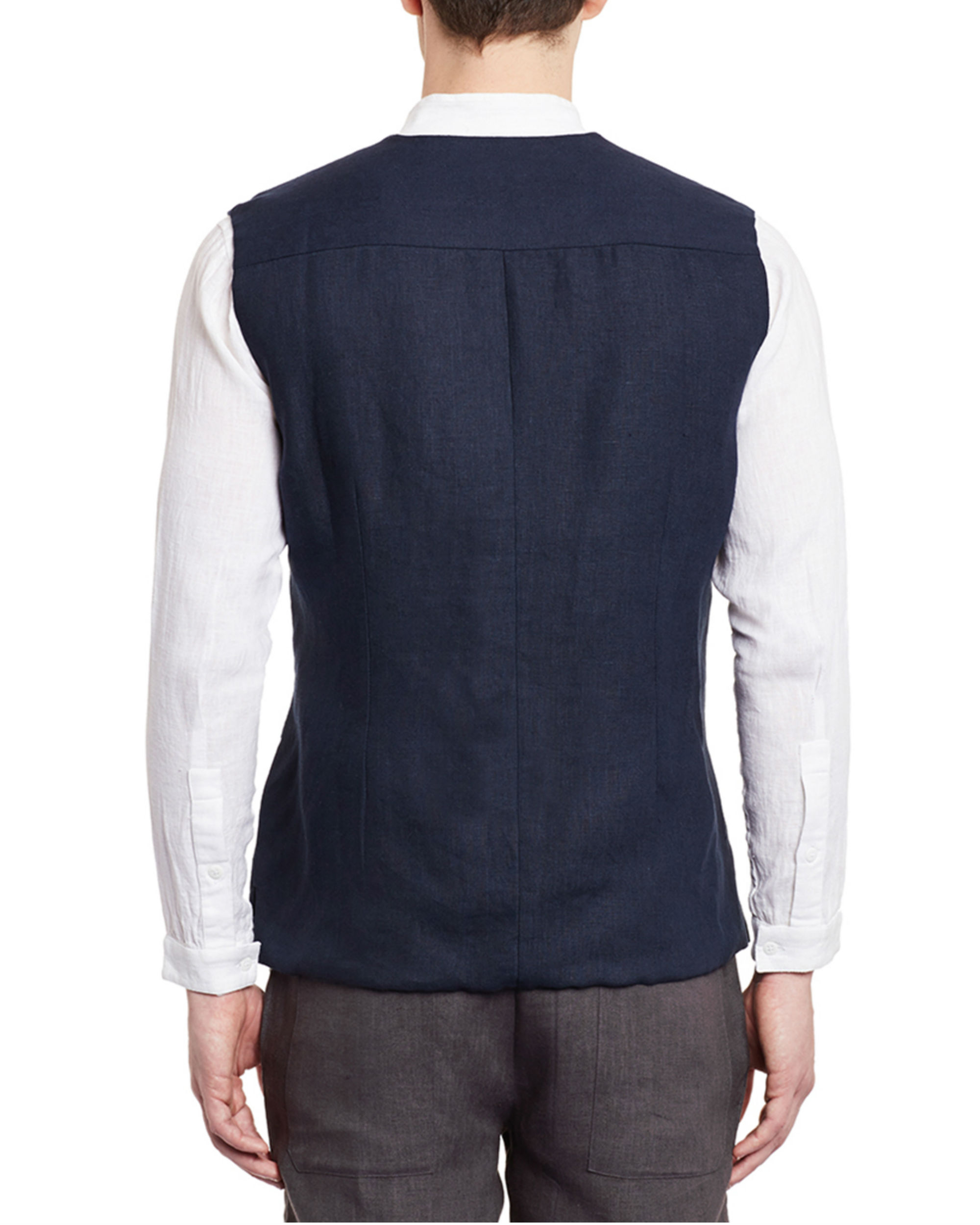 Navy blue linen asymmetric sleeveless jacket by Dhatu Design Studio The Secret Label