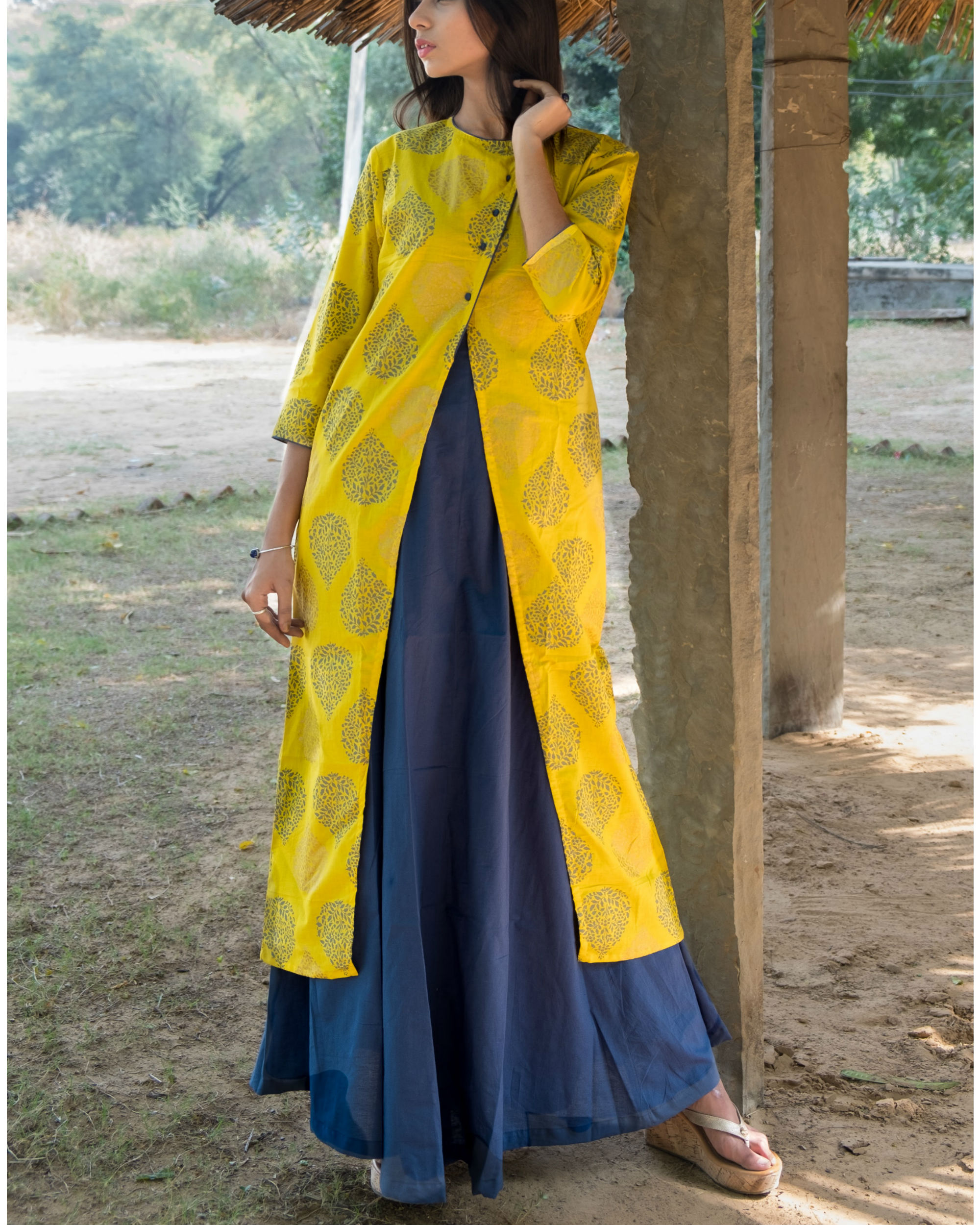 Blue and Yellow double layered dress by Keva | The Secret Label