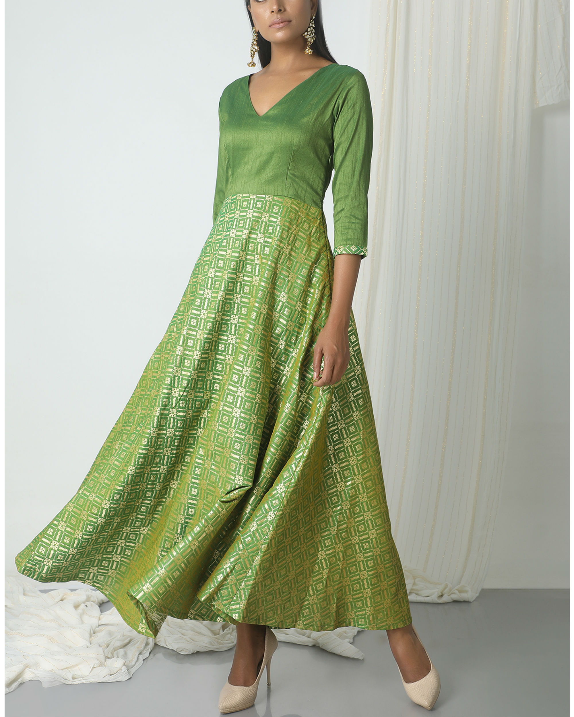 Green grid brocade dress by trueBrowns | The Secret Label