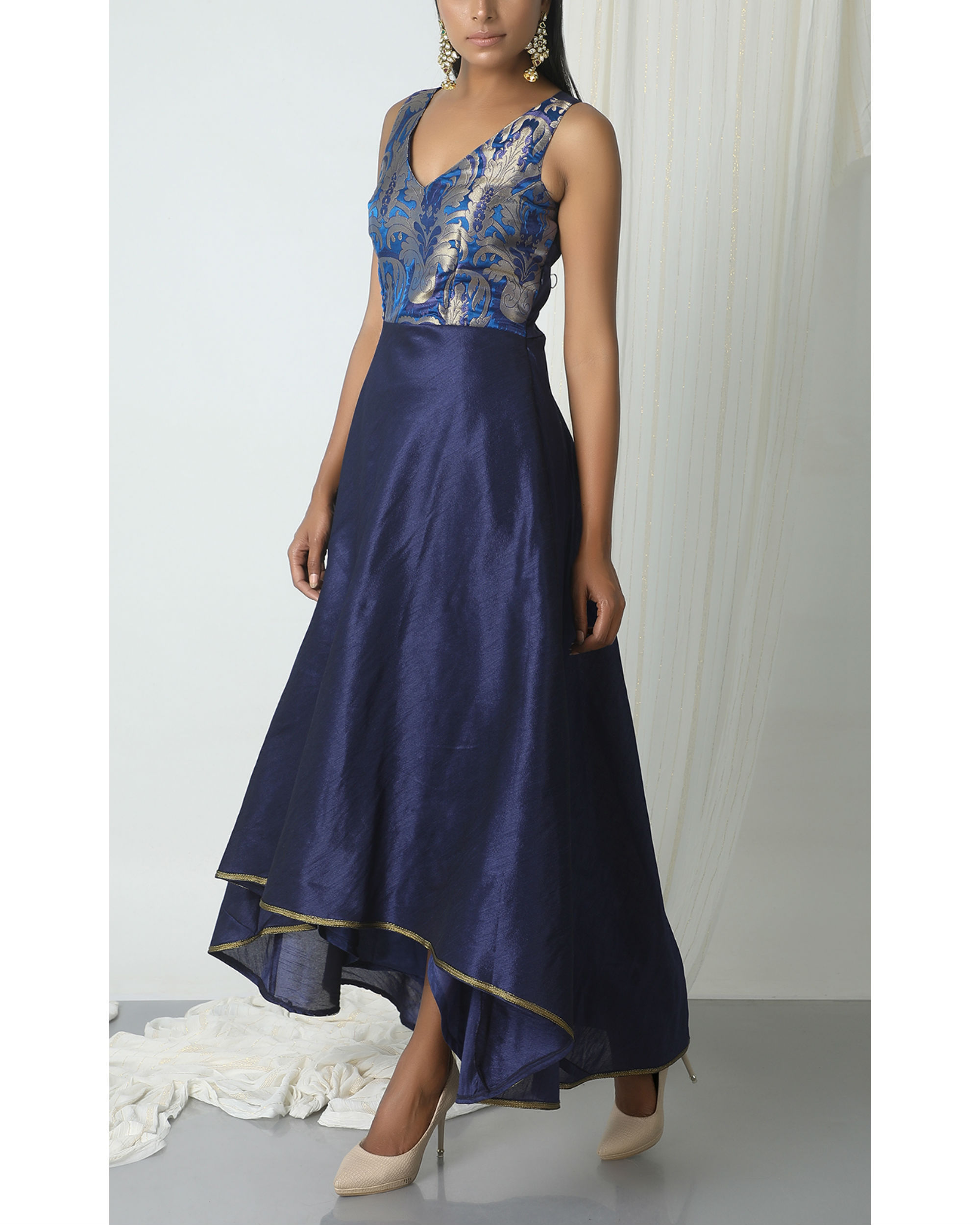 Blue brocade asymmetric hem dress by trueBrowns | The Secret Label