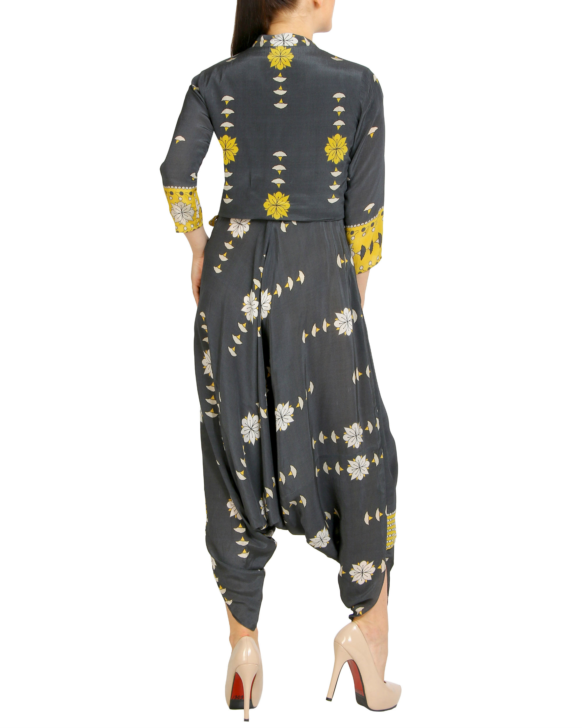 Printed charcoal jumpsuit with zipper jacket by Sougat Paul The