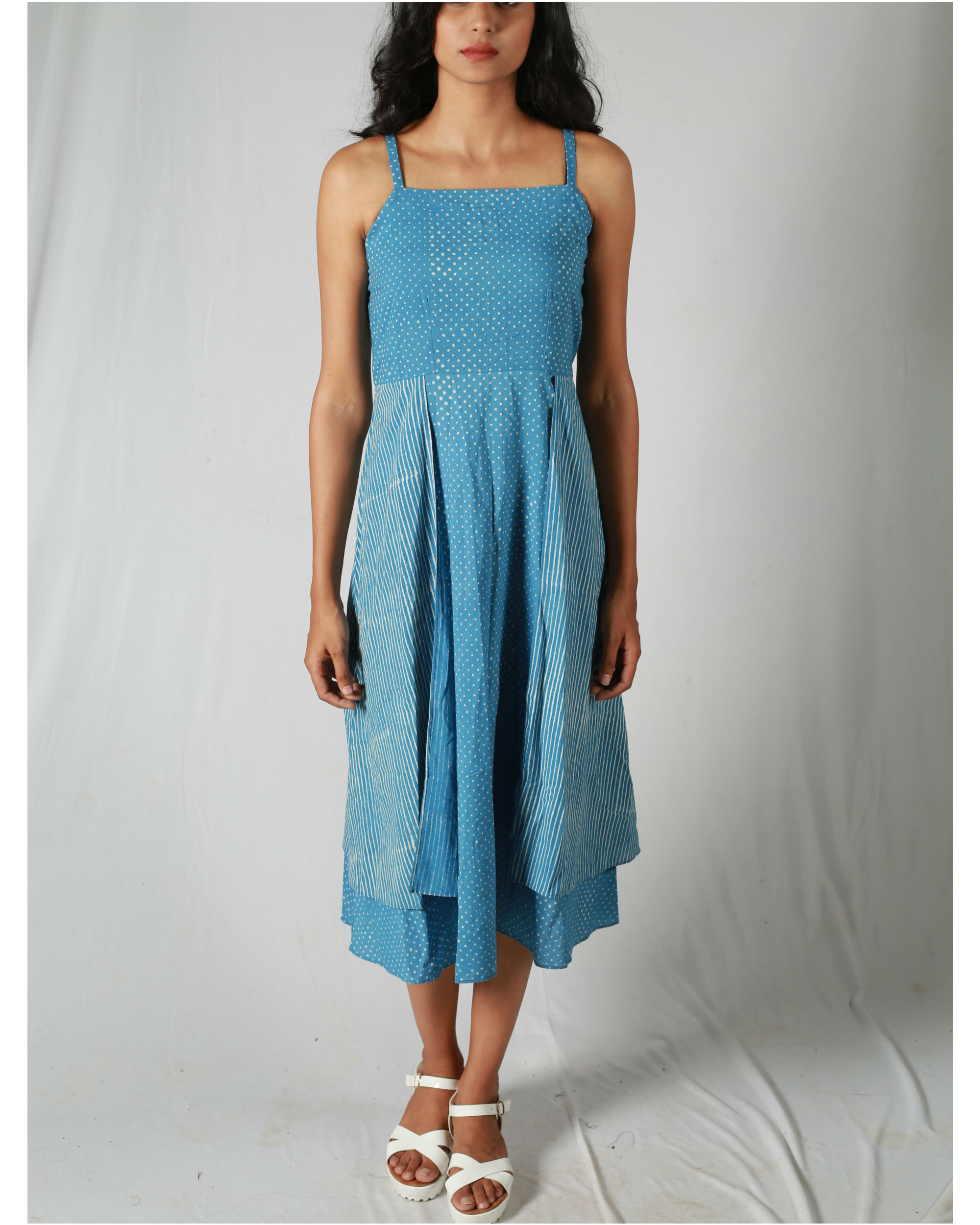 Blue dotted side panel dress with a jacket by Medhya The Secret Label