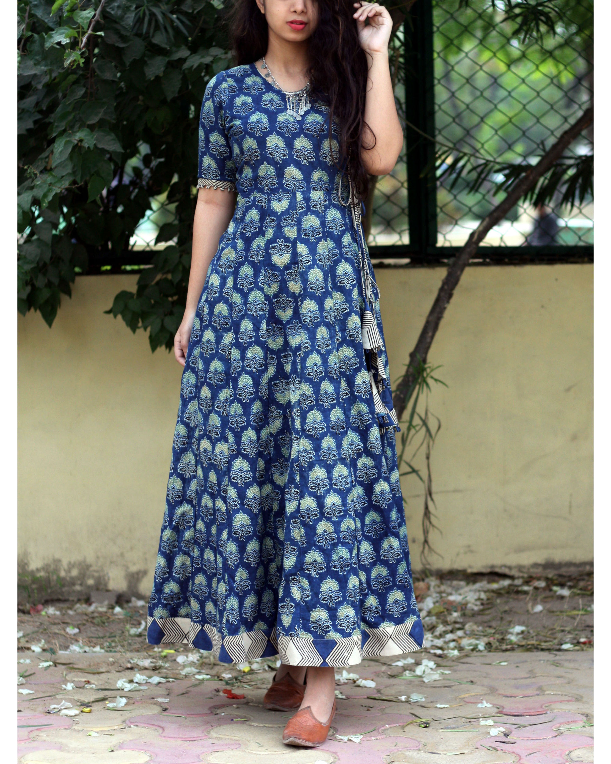 Indigo ajrakh print angrakha dress by Label Shivani Vyas | The Secret Label