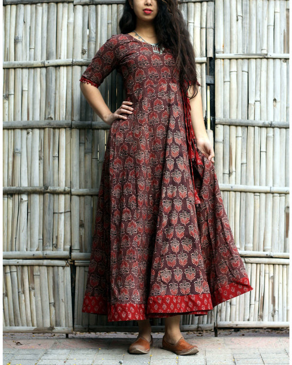 Caramel brown ajrakh print angrakha dress by Label Shivani Vyas | The ...