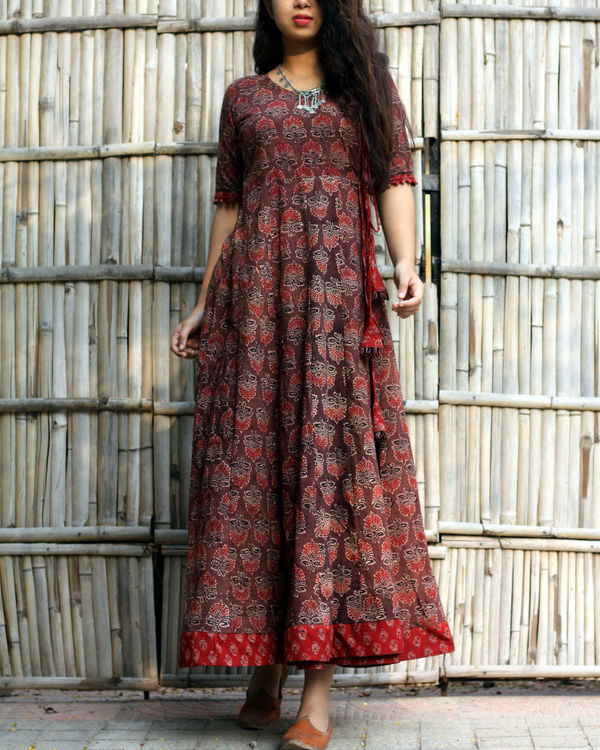Caramel brown ajrakh print angrakha dress by Label Shivani Vyas | The ...