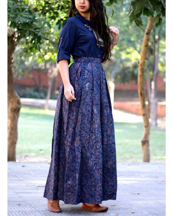 Navy blue shirt with jaal ajrakh print skirt by Label Shivani Vyas ...