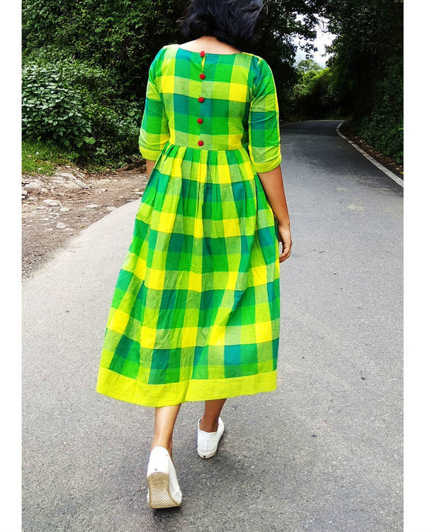 Green and yellow checks cotton dress by Threeness | The Secret Label