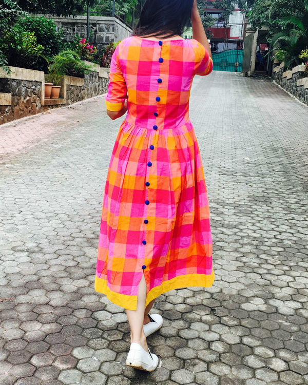 Pink and yellow checks cotton dress 1