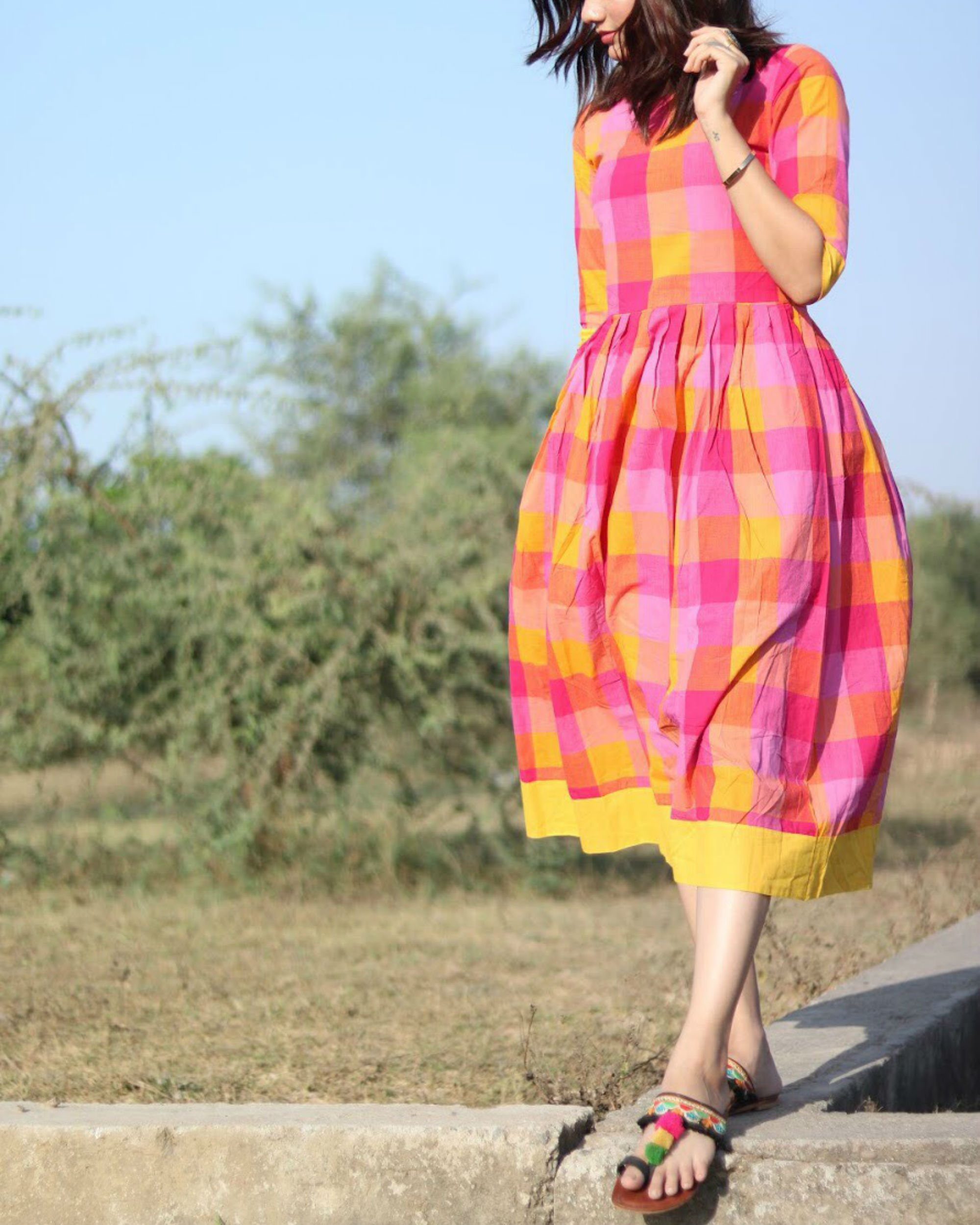 Pink and yellow checks cotton dress by Threeness