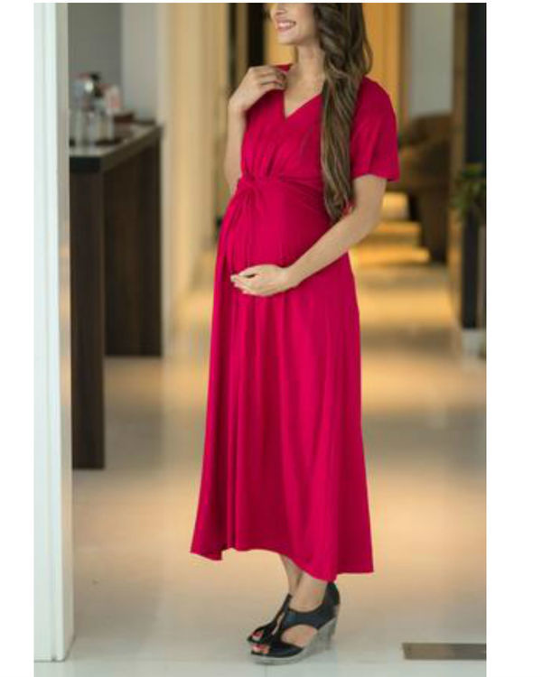 Royal carnation front knot lycra maternity dress by MOMZJOY The