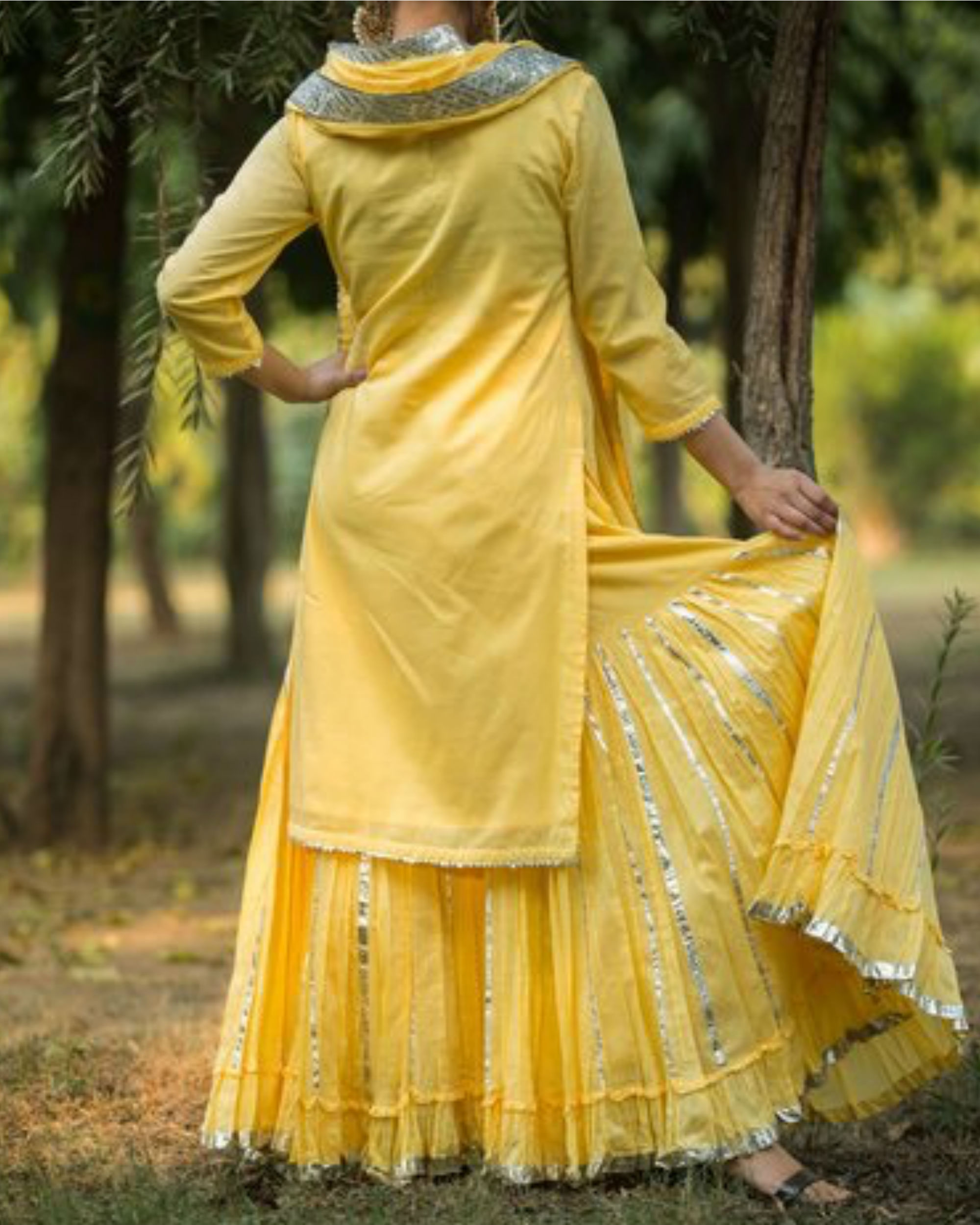 Buy Yellow Chanderi Silk Embroidered Gota Patti Keyhole Kurta Sharara Set  For Women by Priyaa Online at Aza Fashions.