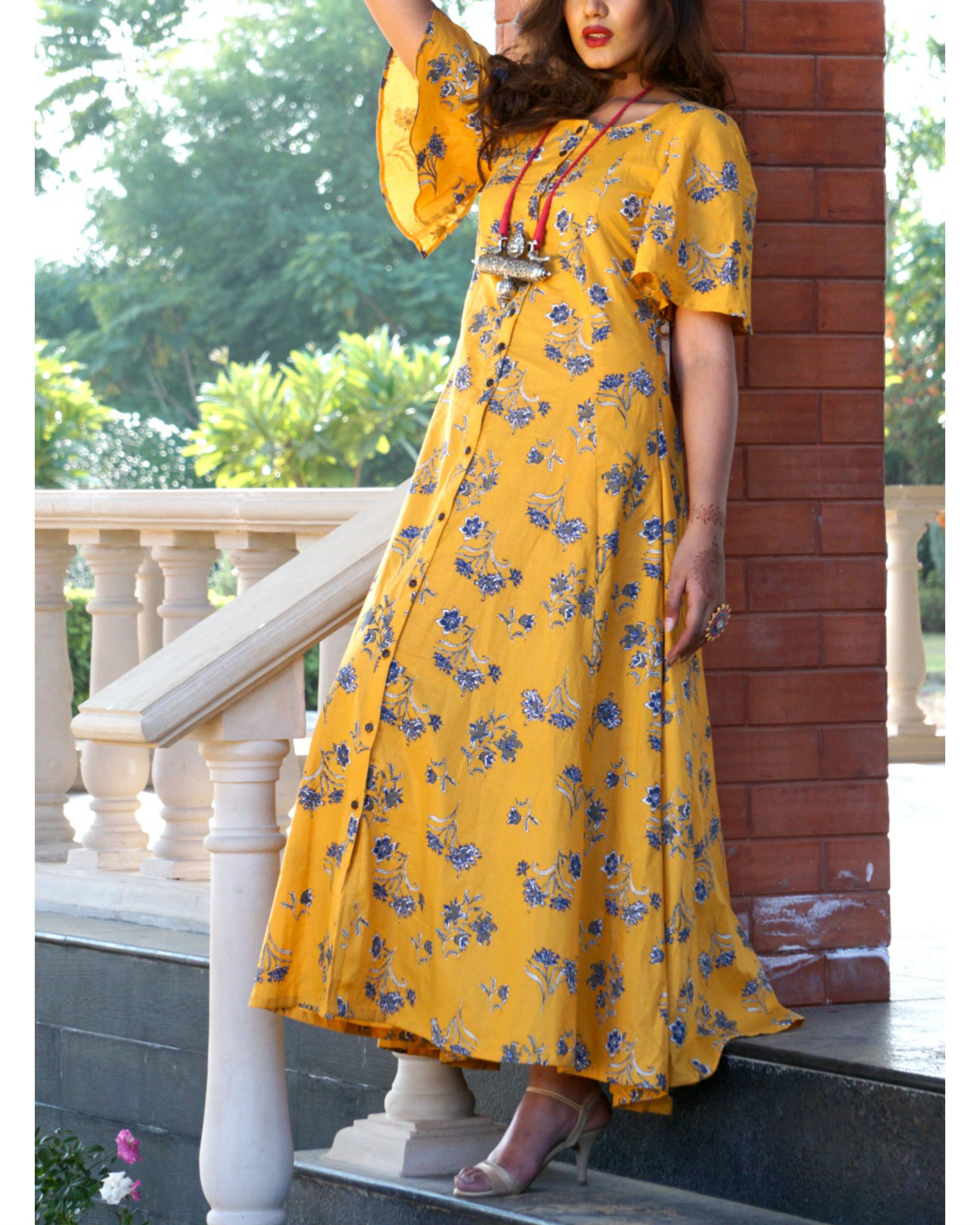 Mustard floral print button down maxi by Rivaaj | The Secret Label